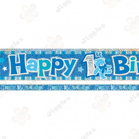 Happy 1st  Birthday Blue Holographic Foil Banner 