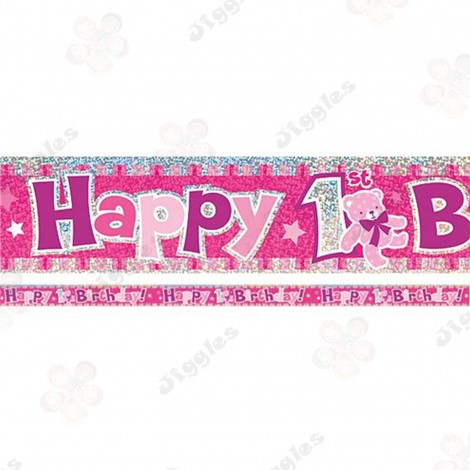 Happy 1st  Birthday Pink Holographic Foil Banner 