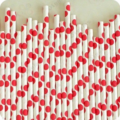 Red Polka Dots on White Paper Straws
