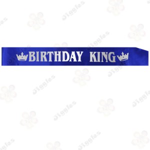 Birthday King Sash Blue with Silver Text
