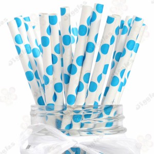 Blue Polka Dots on White Paper Straws